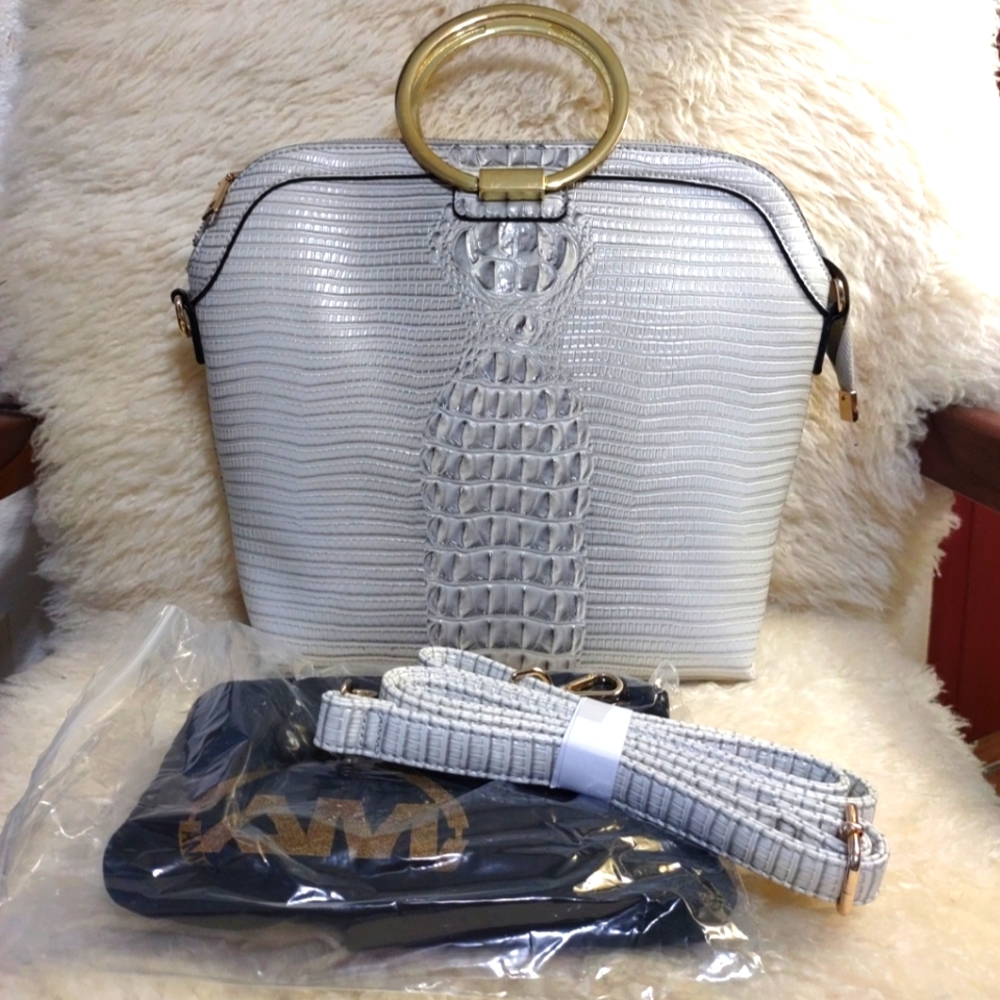 AmeriMode Gray Embossed Crocks With Gold Tone Hardware & Ajustable Strap Handbag